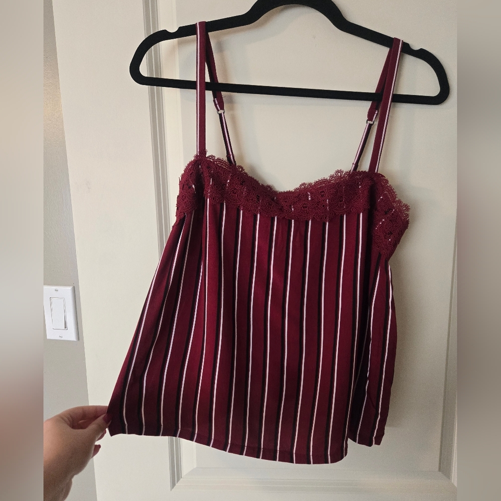 Hollister Burgundy and White Striped Lace Cami